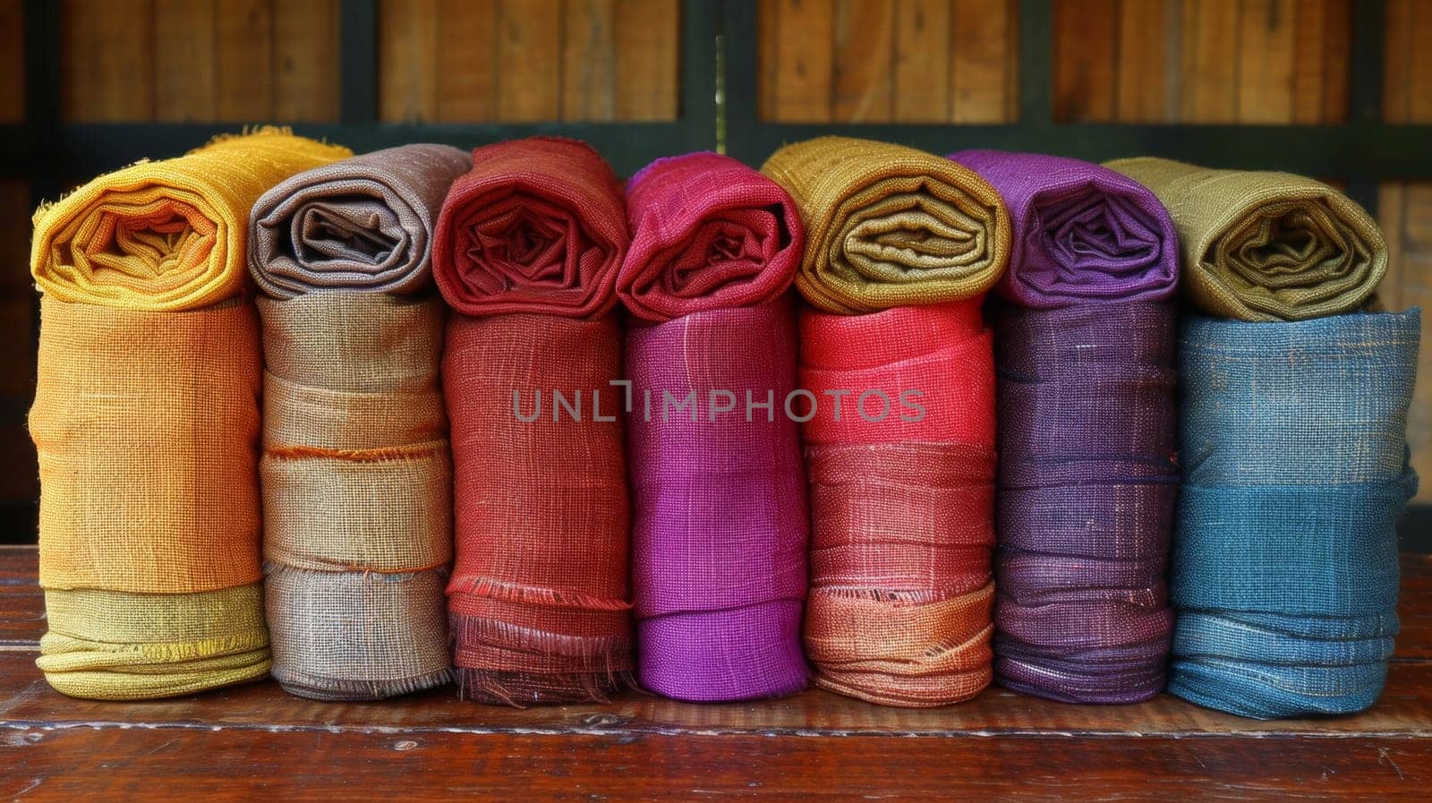 A stack of colorful cloths on a wooden table