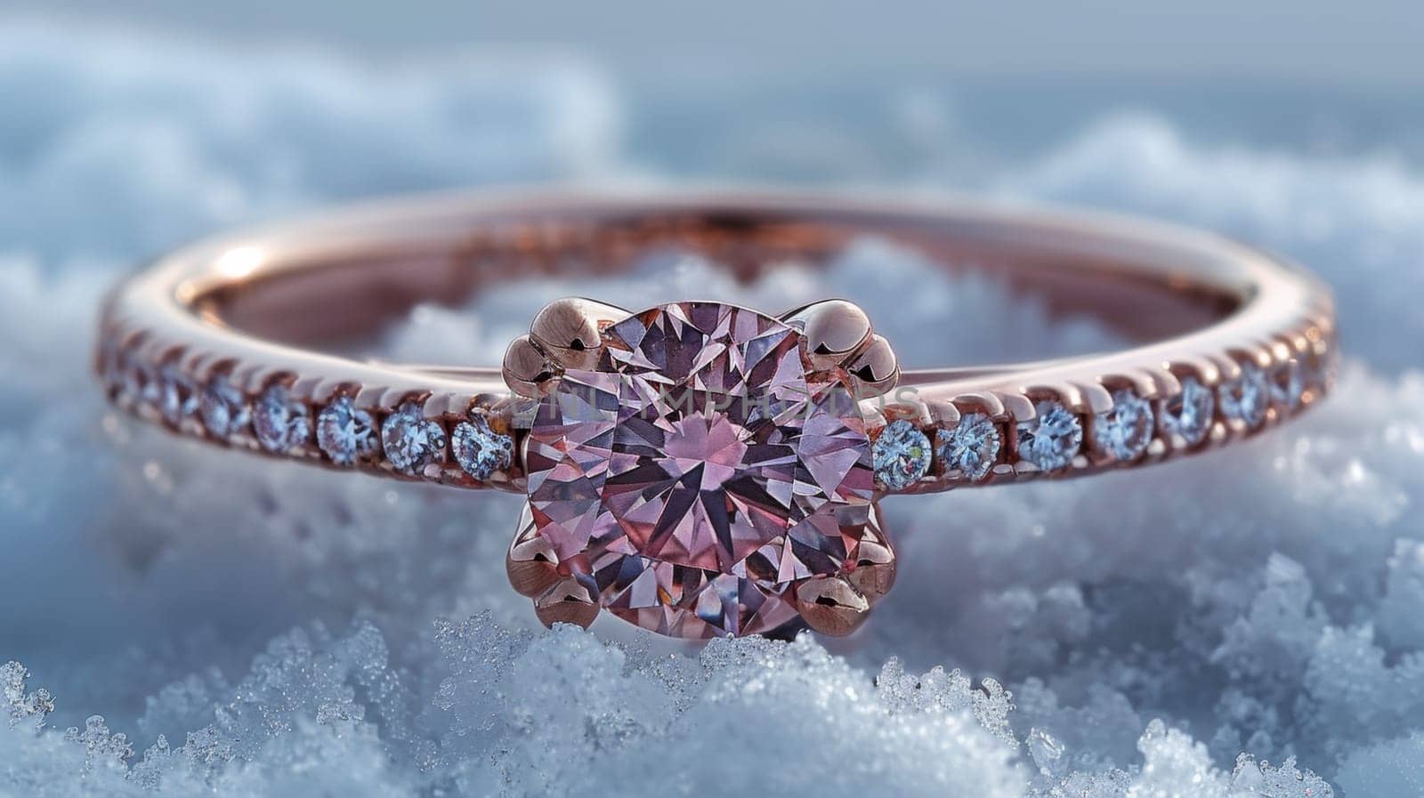 A pink diamond ring sitting on top of snow, AI by starush