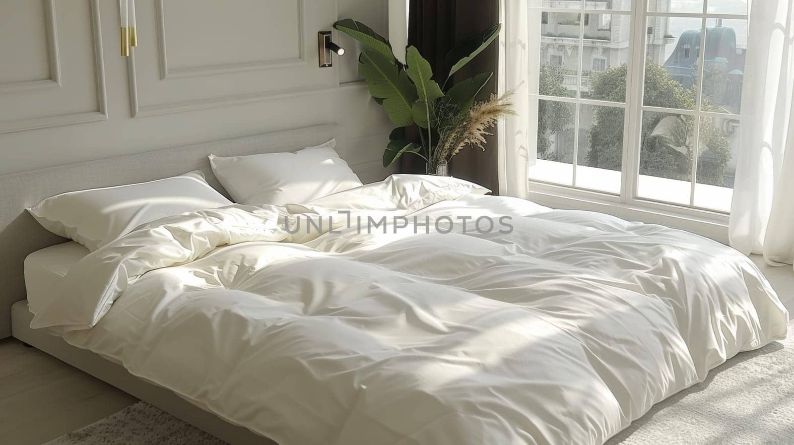 A bed with white sheets and pillows in a bedroom