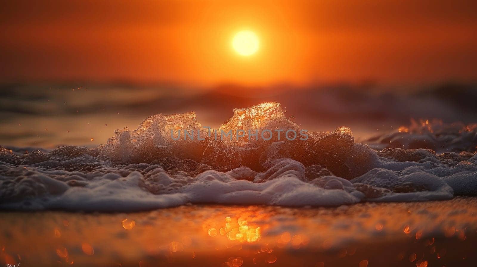 A sunset over the ocean with waves crashing on shore, AI by starush