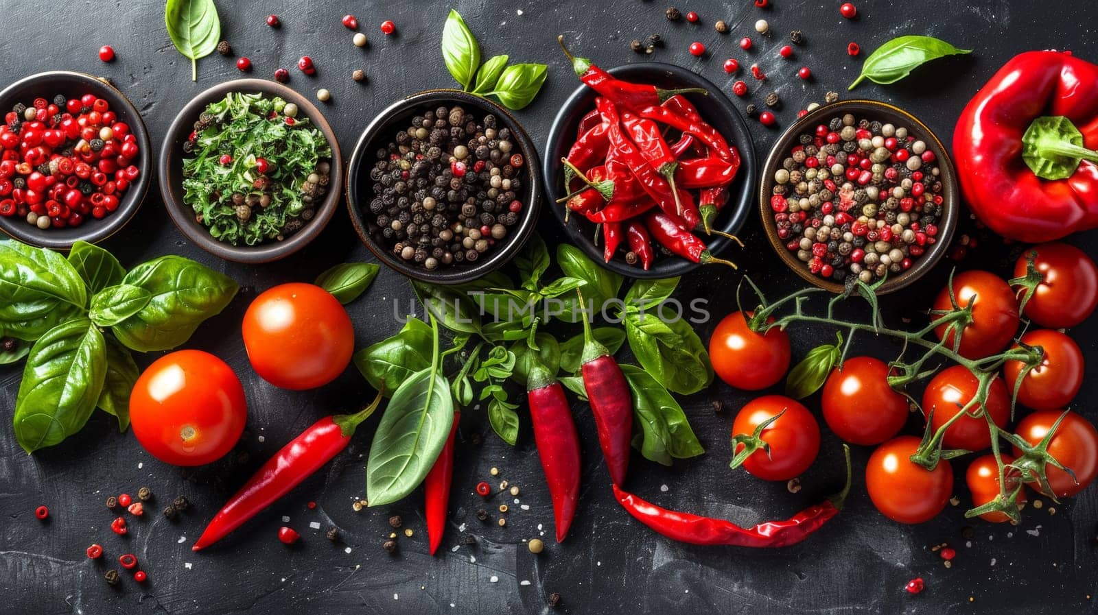 A table with bowls of different vegetables and herbs, AI by starush