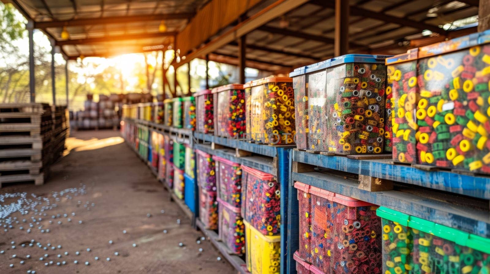 A row of colorful containers filled with candy on a shelf