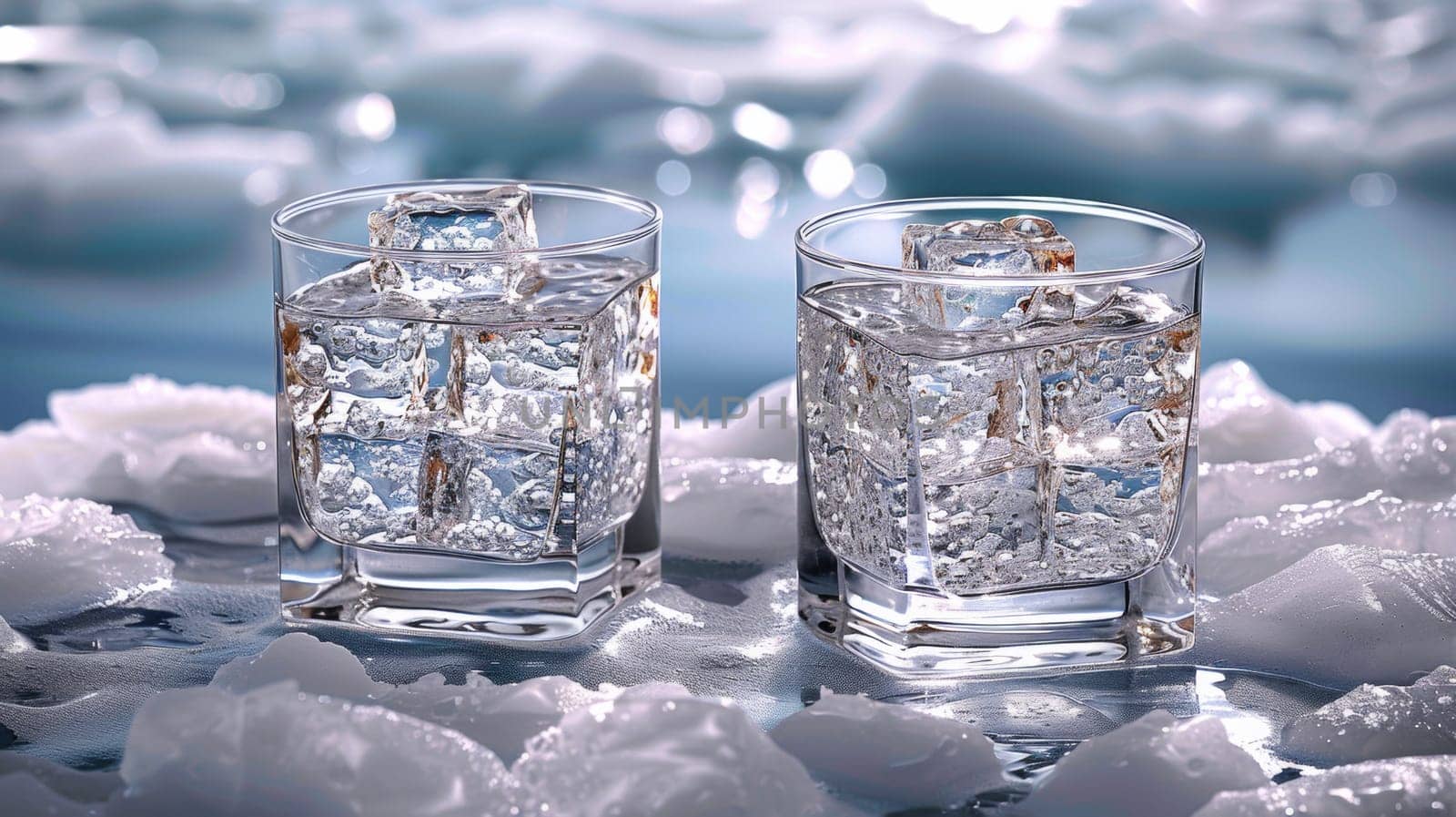Two glasses of water with ice cubes in them on a table