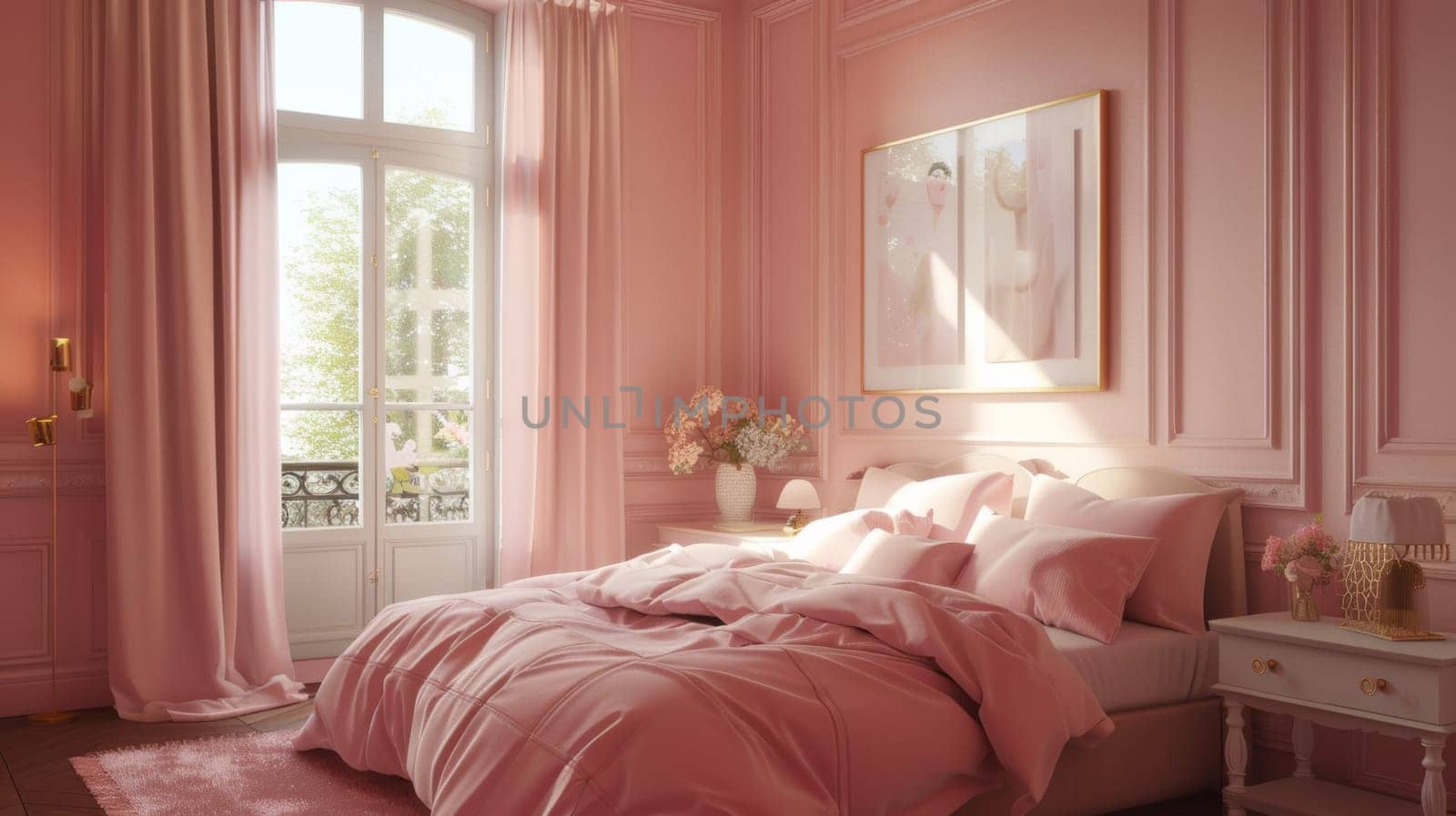 A bedroom with pink walls and a bed covered in white sheets