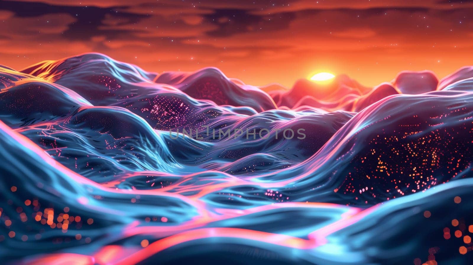 A digital painting of a sunset over mountains and water