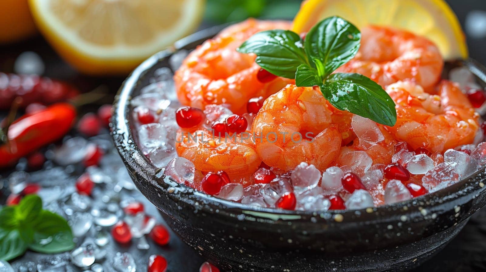 A bowl of shrimp with lime, lemon and pomegranate garnish