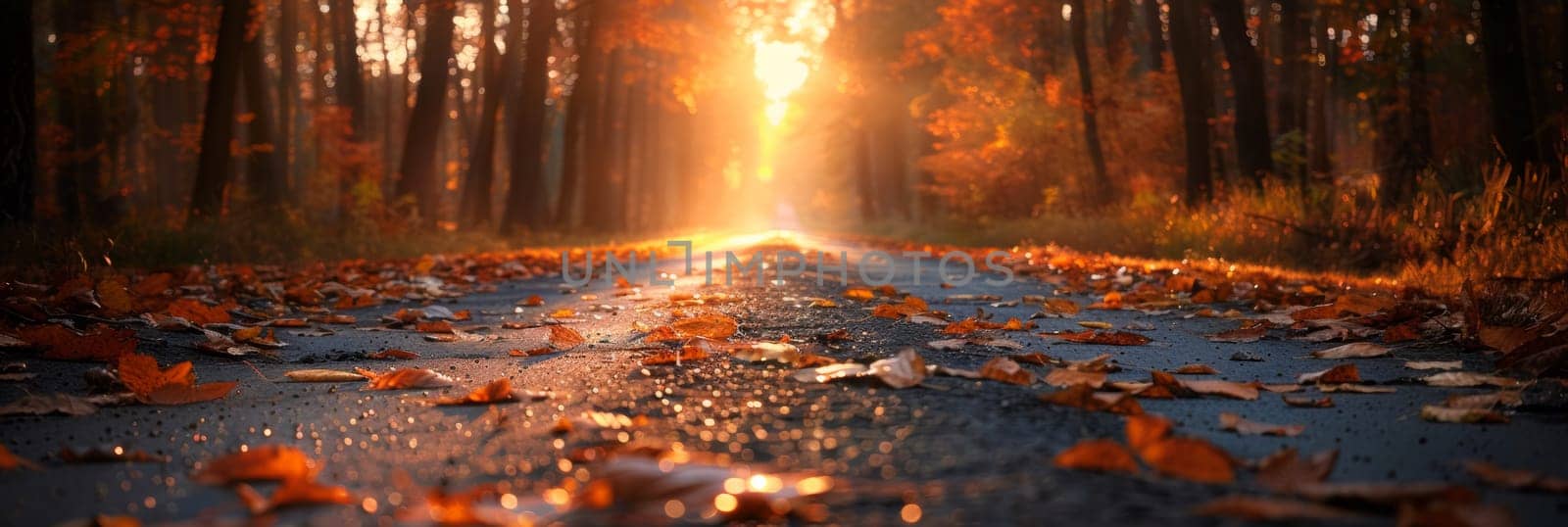 A road with leaves on it and sun shining through, AI by starush