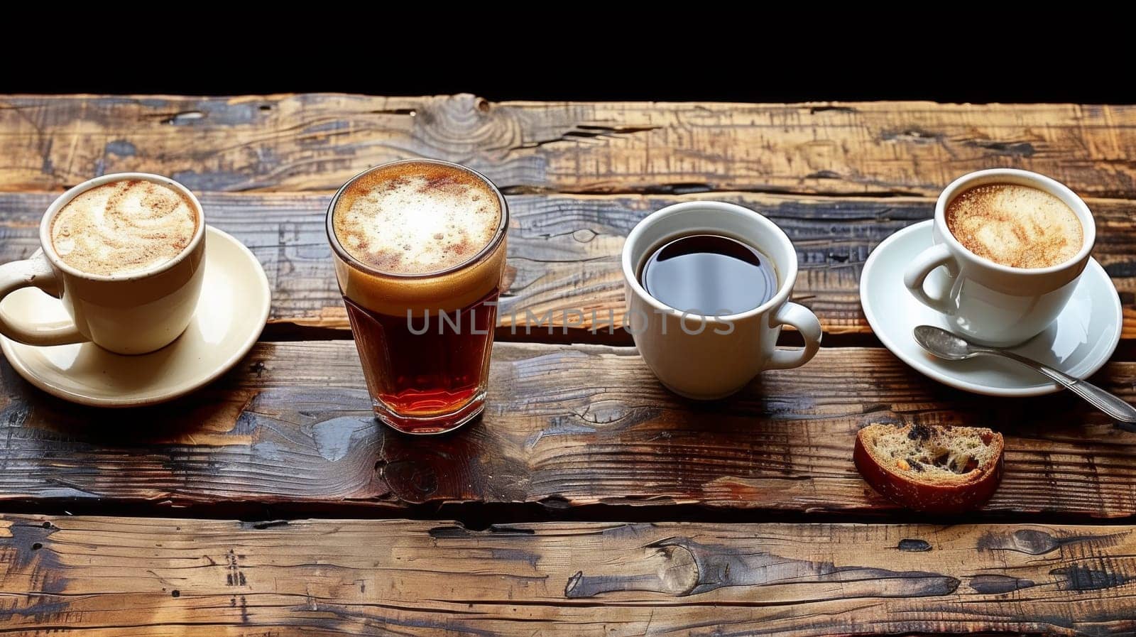 Three cups of coffee and a piece of bread on the table