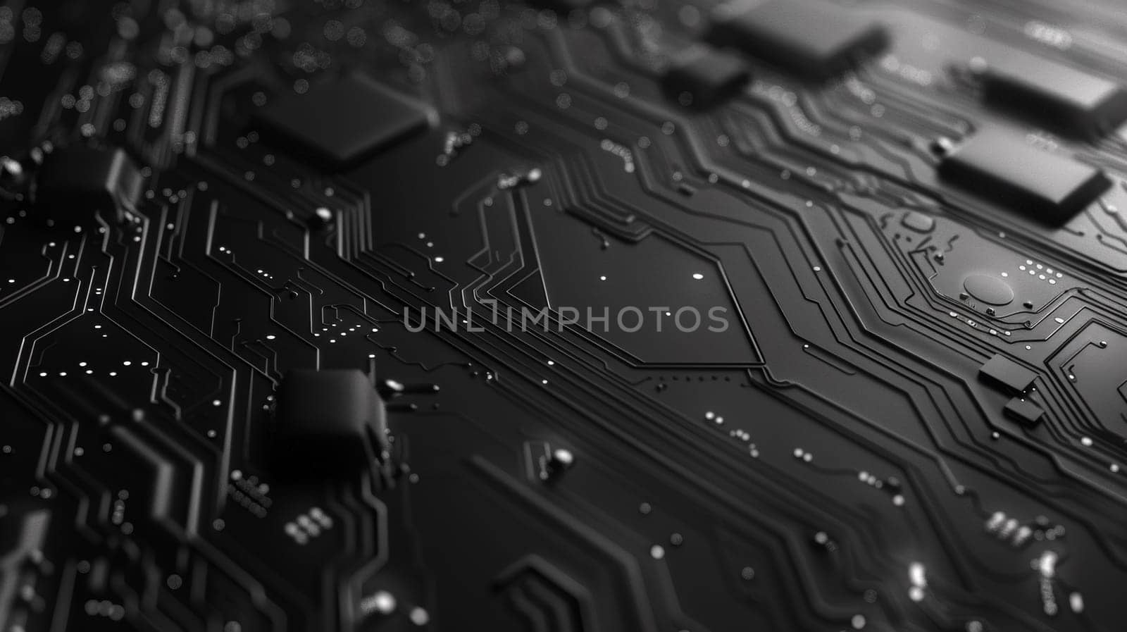 A close up of a black and white circuit board with some small squares, AI by starush