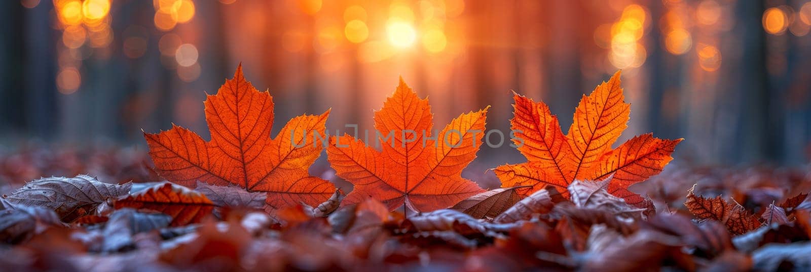 Three red leaves are sitting on the ground in front of a bright sun, AI by starush