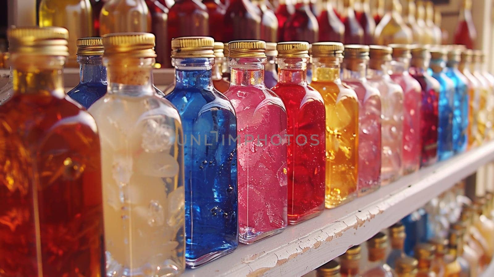 A row of bottles filled with different colored liquids on a shelf