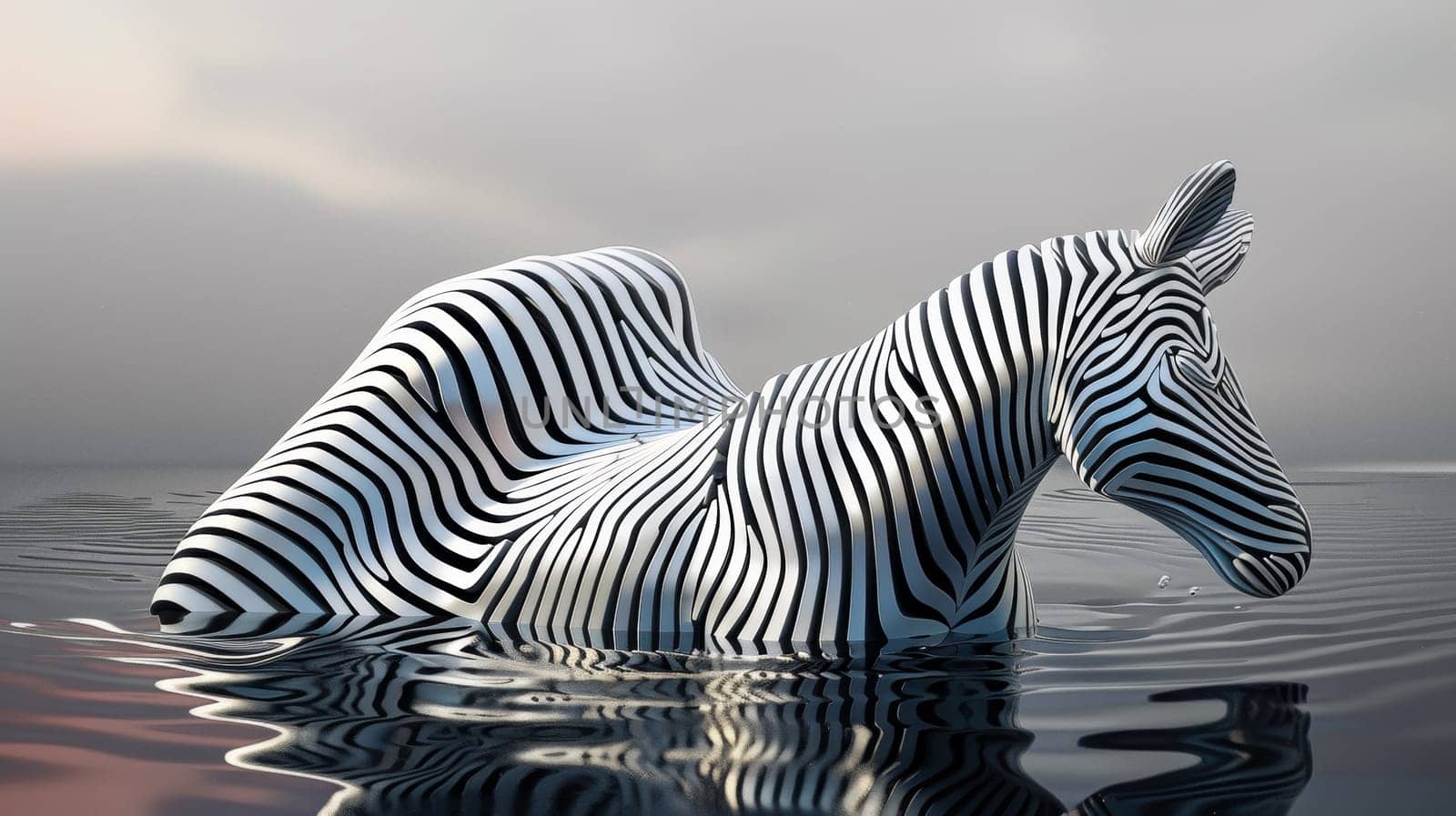 A zebra shaped animal in the water with a cloudy sky, AI by starush