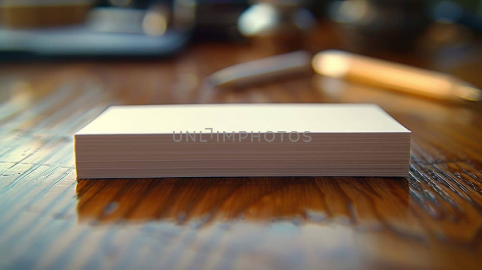 A stack of white business cards sitting on a wooden table