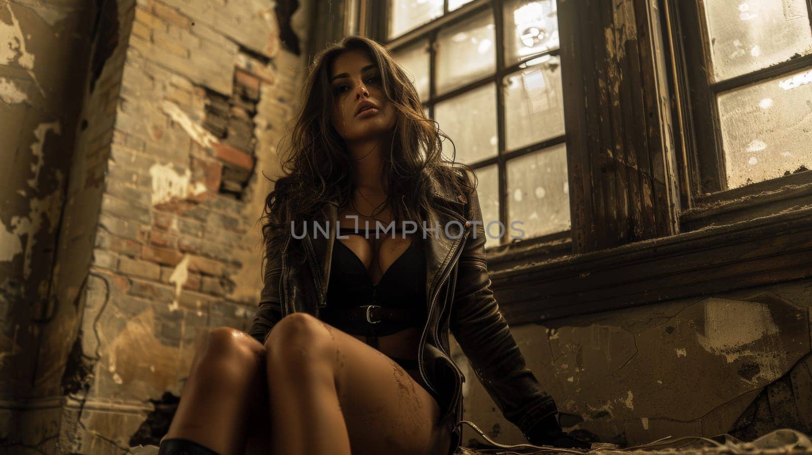 A woman in a black leather jacket sitting on the floor
