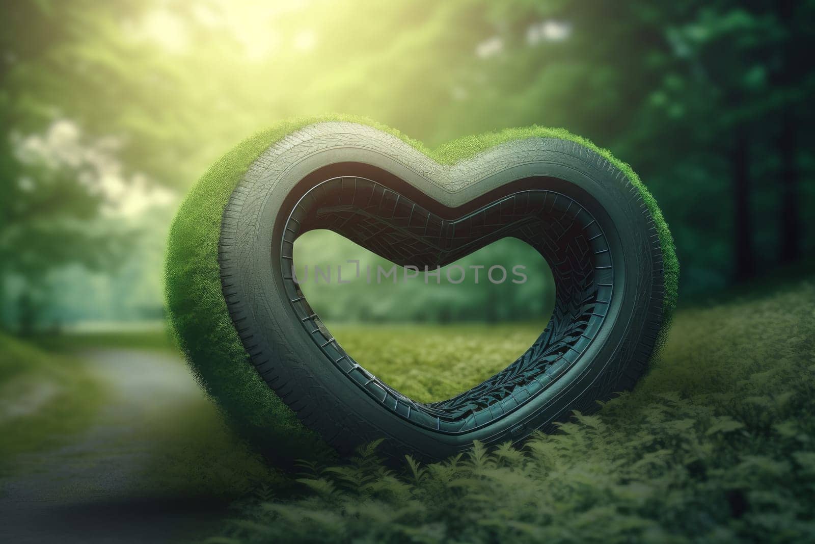 Car tire heart shape nature. Card wheel. Generate Ai