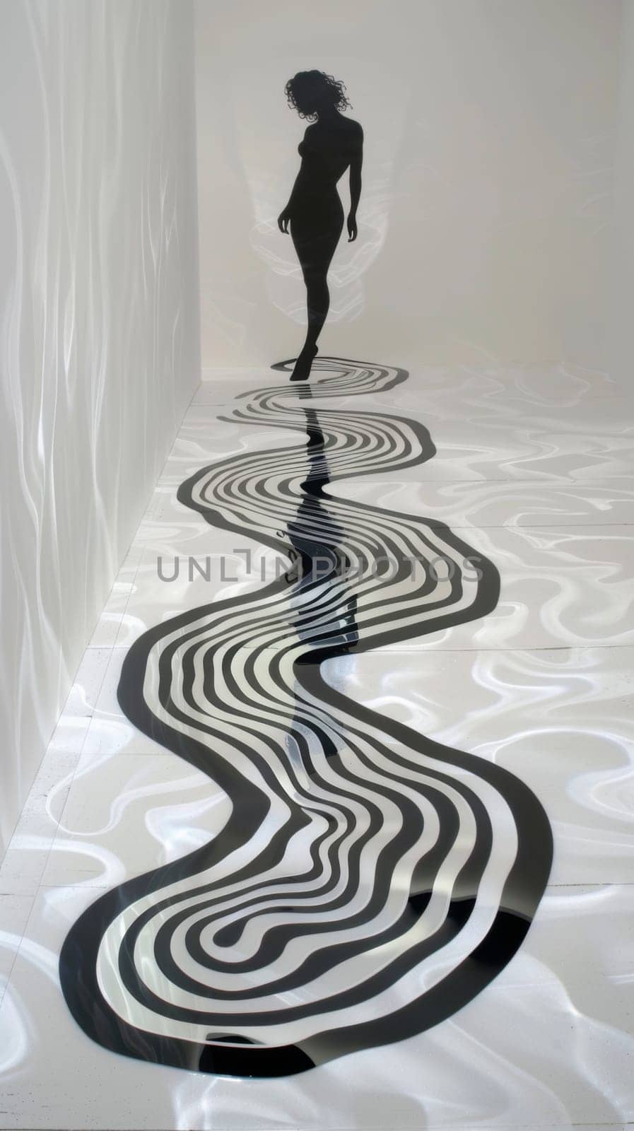A woman walking on a black and white patterned floor
