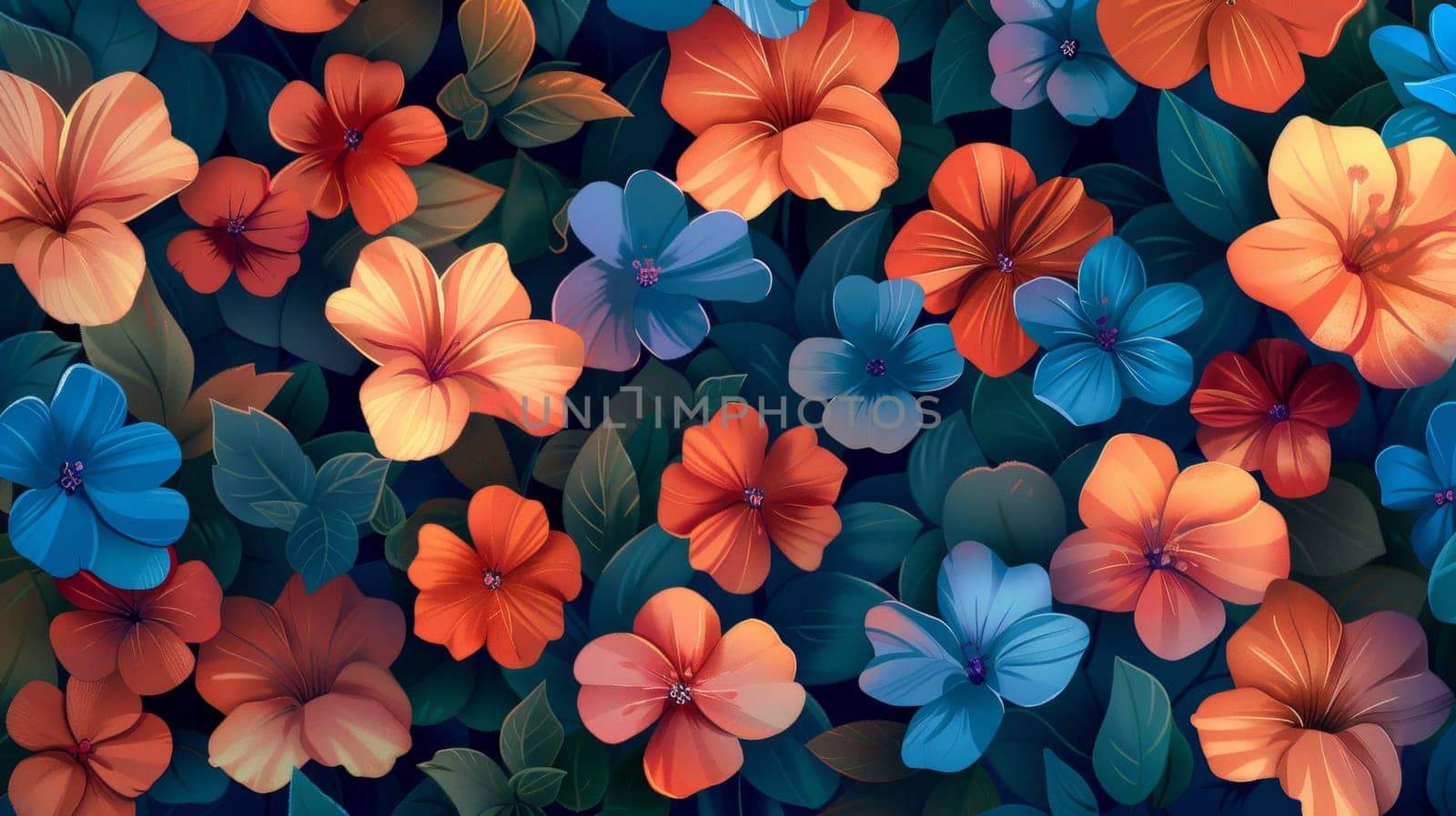 A close up of a bunch of flowers that are blue and orange, AI by starush
