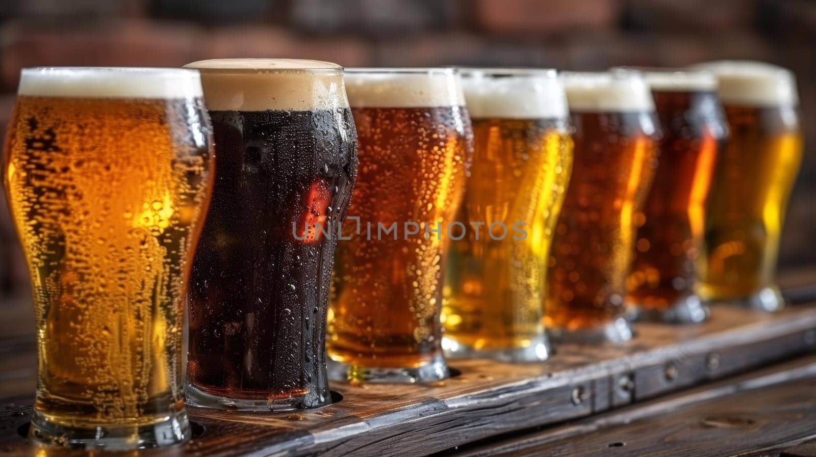 A row of glasses filled with different types and colors of beer