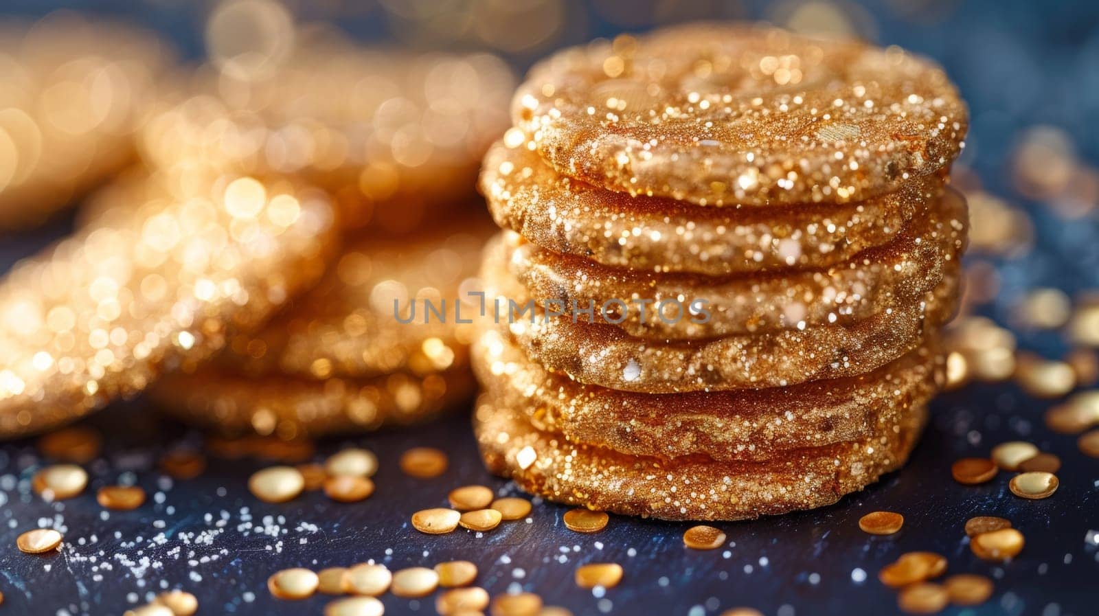 A stack of cookies with gold glitter on a blue background