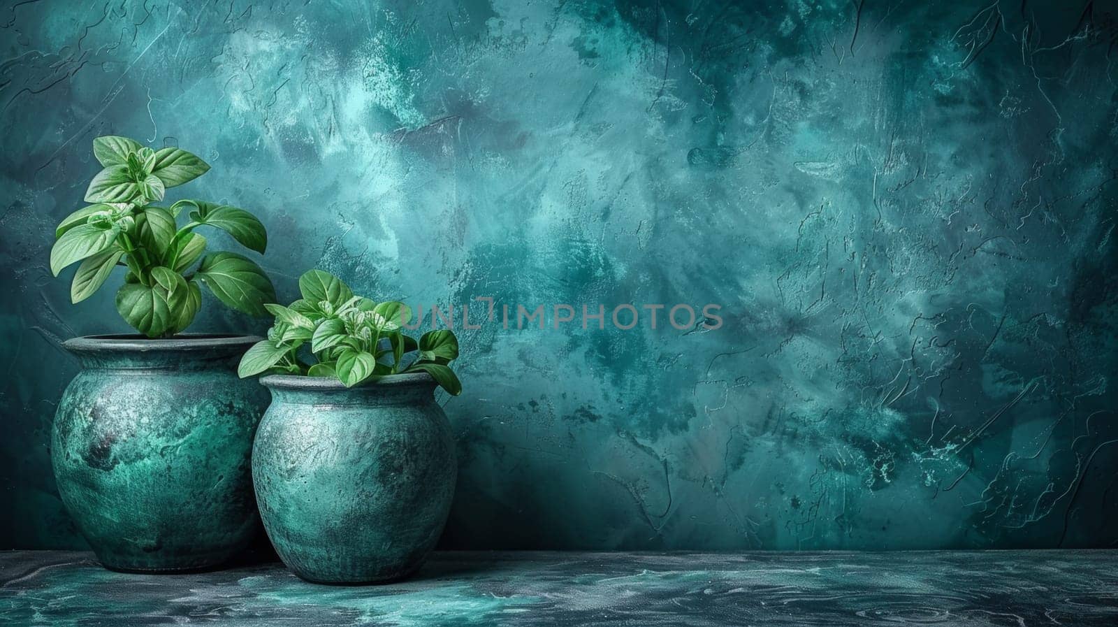 Two green vases with plants in them sitting on a table