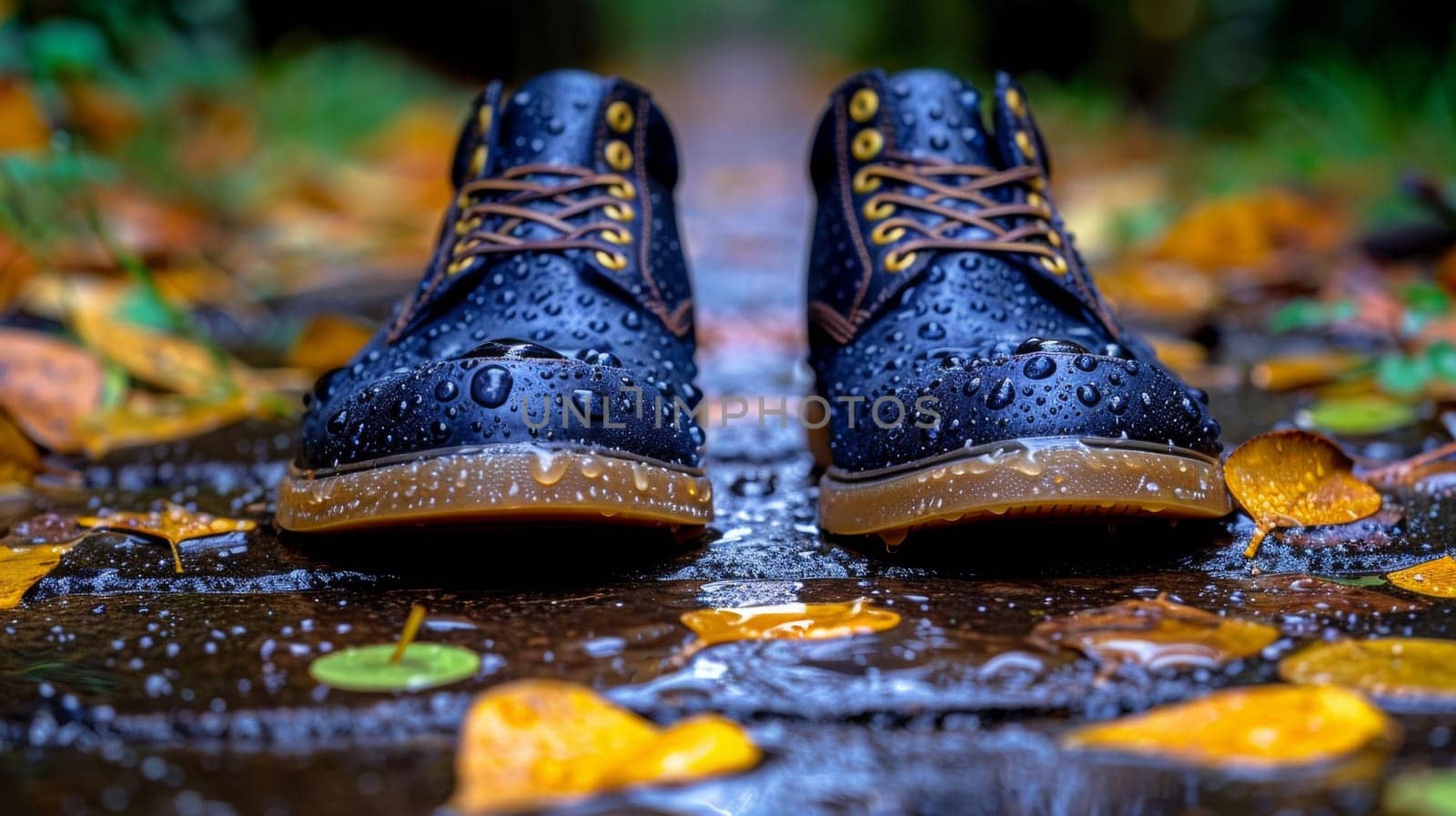 A pair of a boot is sitting in the rain on leaves, AI by starush