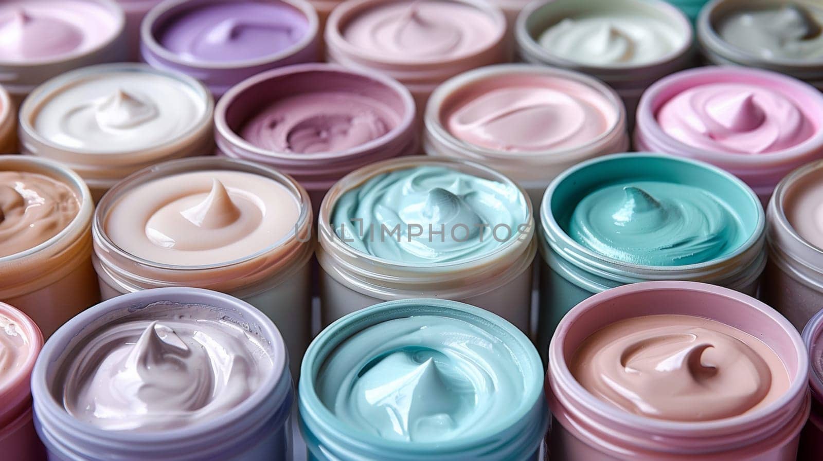 A close up of a bunch of different colored creams and lotions