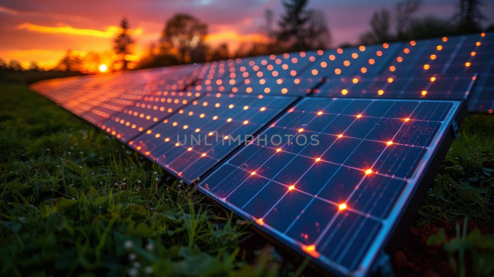 A row of solar panels with lights on them in the field