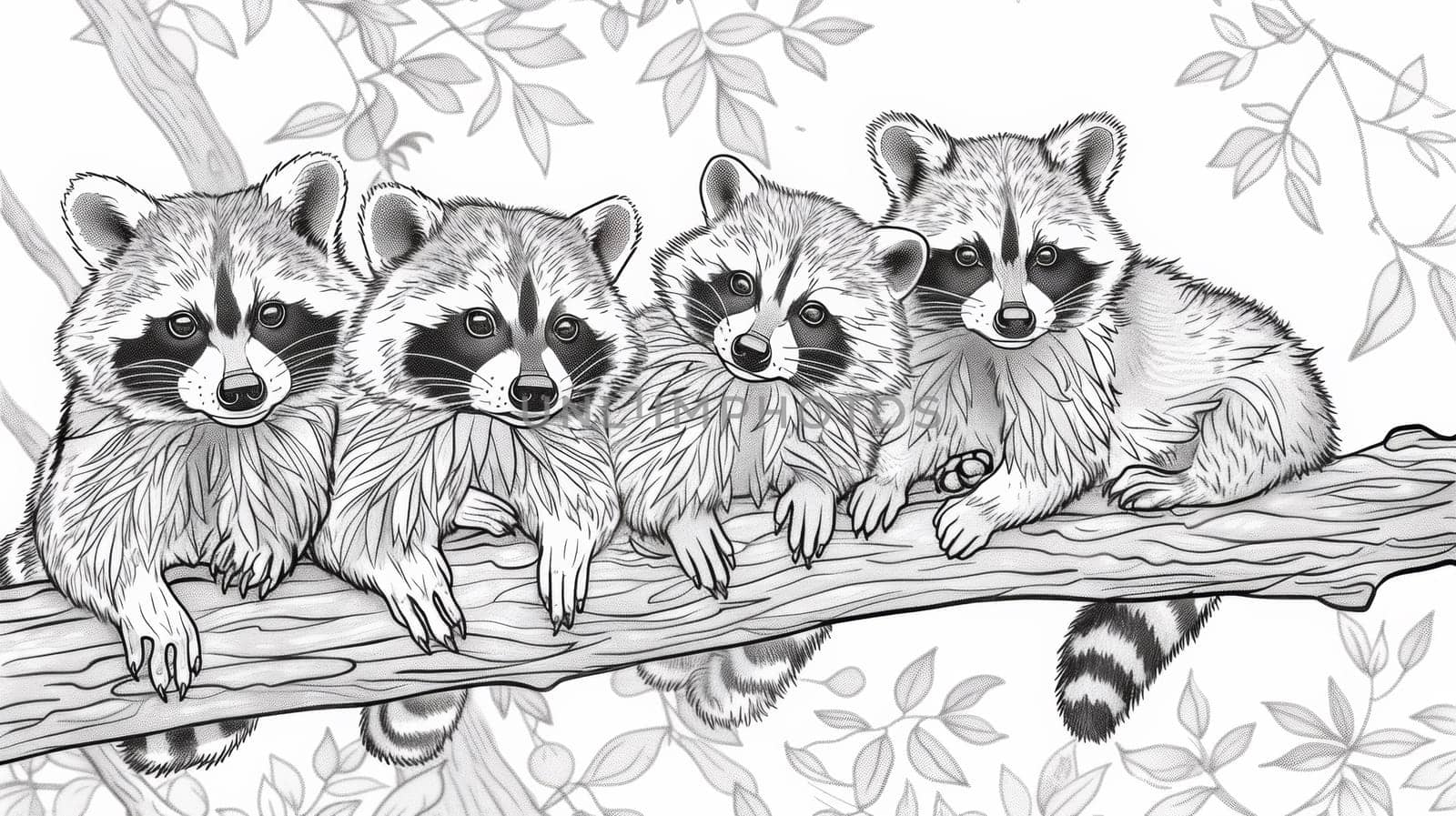 Four raccoons sitting on a branch coloring page
