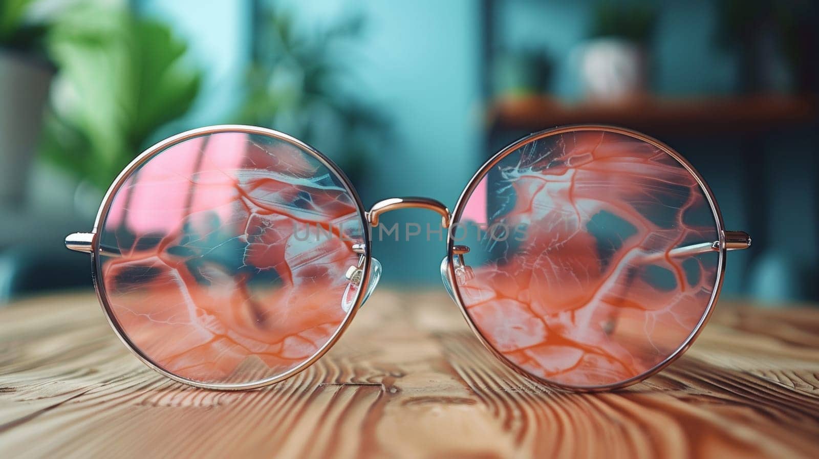 A pair of glasses with pink and orange colors on a wooden table