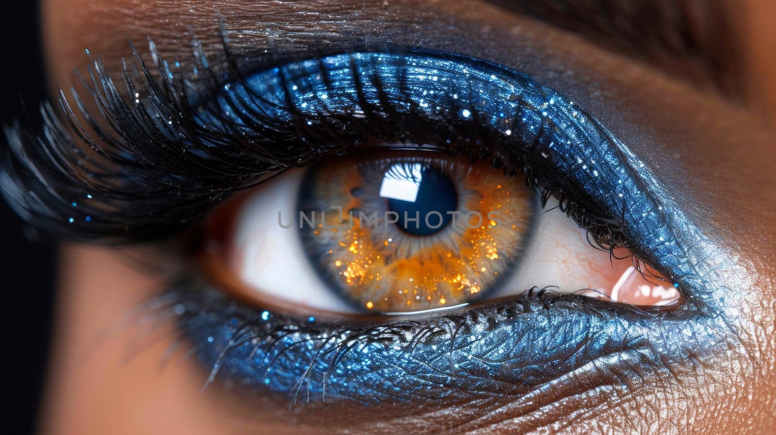 A close up of a woman's eye with blue and orange makeup, AI by starush