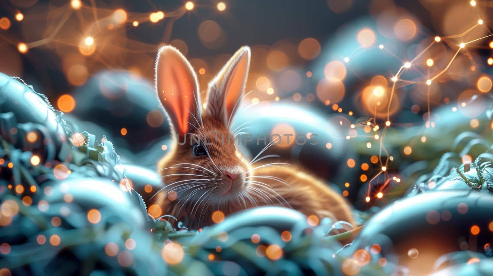A rabbit sitting in a bunch of eggs with lights shining on them, AI by starush
