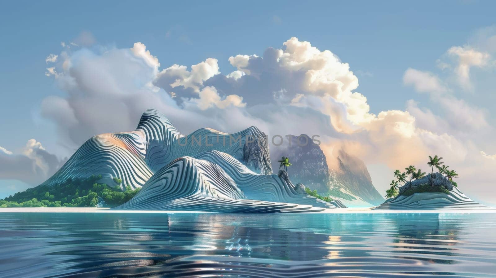 A painting of a landscape with mountains and water, AI by starush