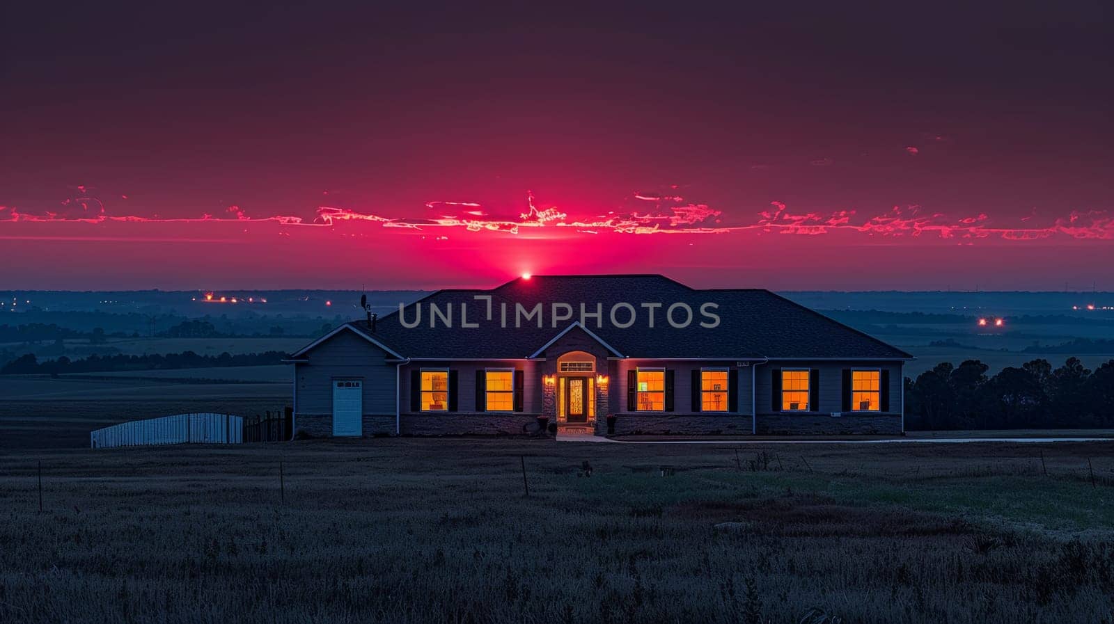 A house lit up at sunset with a field in the background, AI by starush