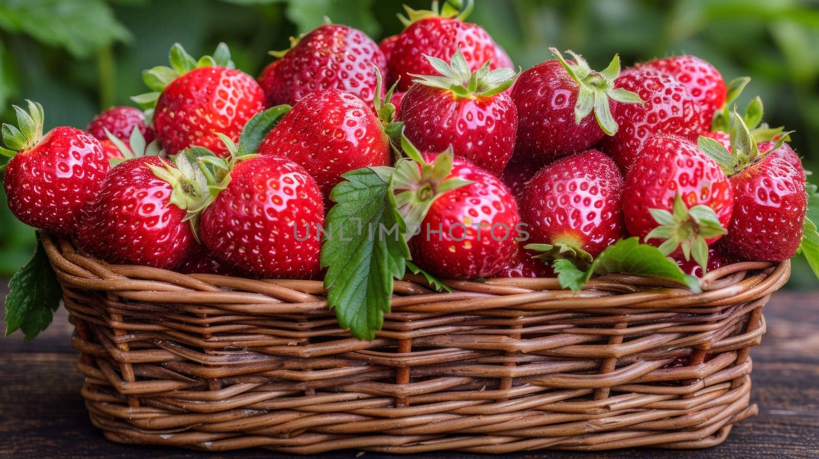A basket of a bunch of strawberries sitting on top of some leaves