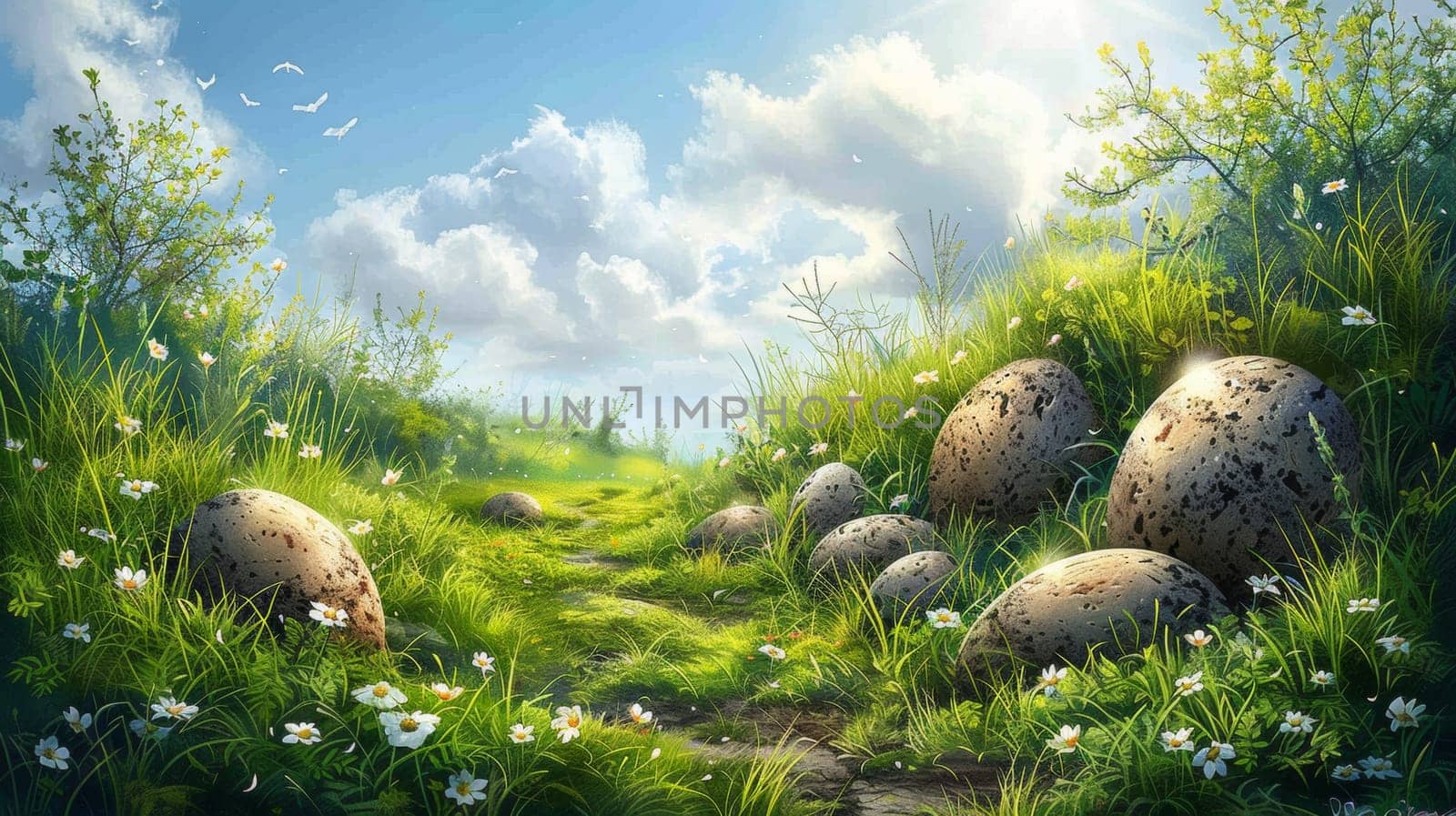 A painting of a field with grass and flowers in the background, AI by starush