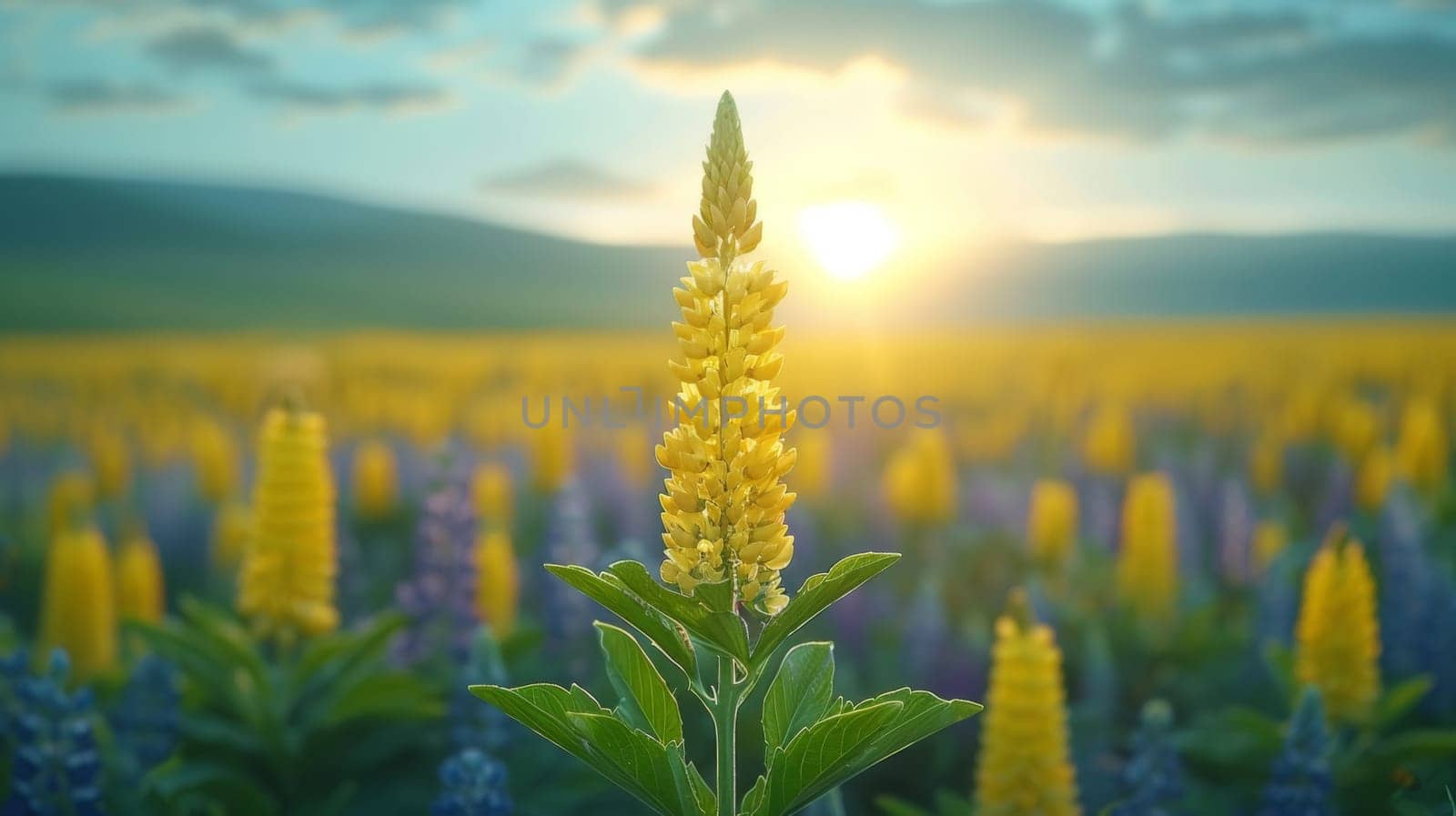 A field of yellow flowers with a sun setting in the background
