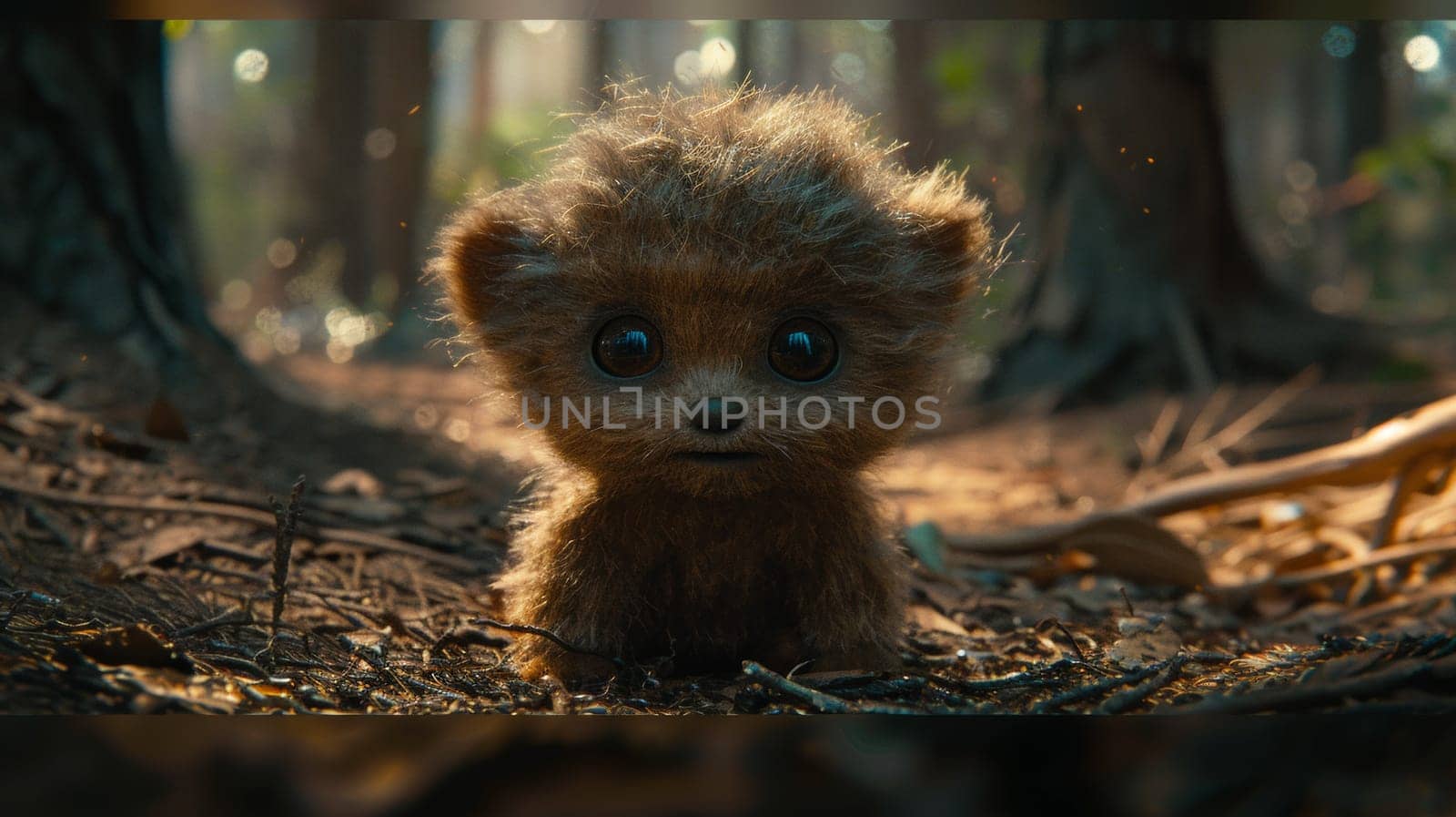 A small brown teddy bear sitting in the middle of a forest