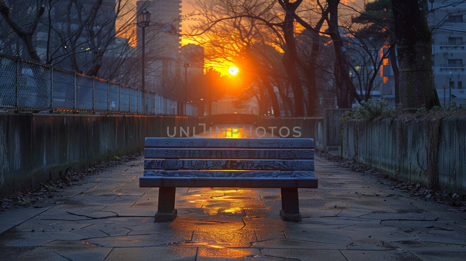 A bench sitting on a stone walkway at sunset