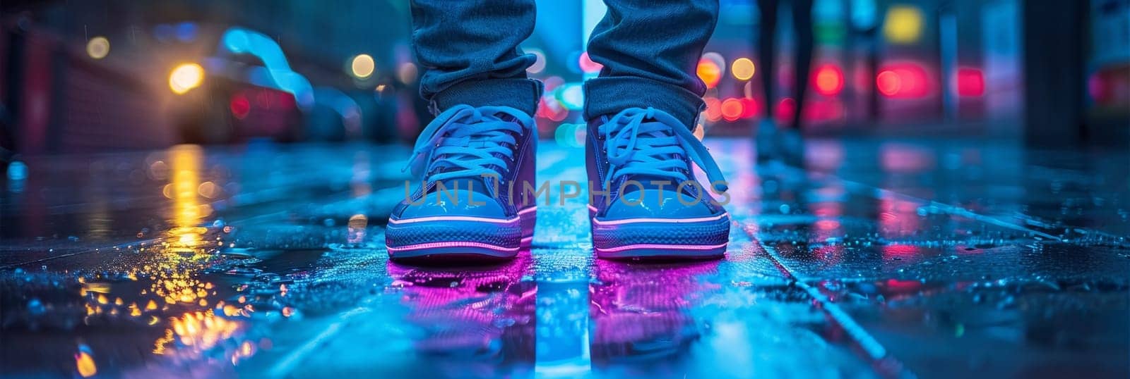 A person wearing bright blue shoes standing in a puddle of water
