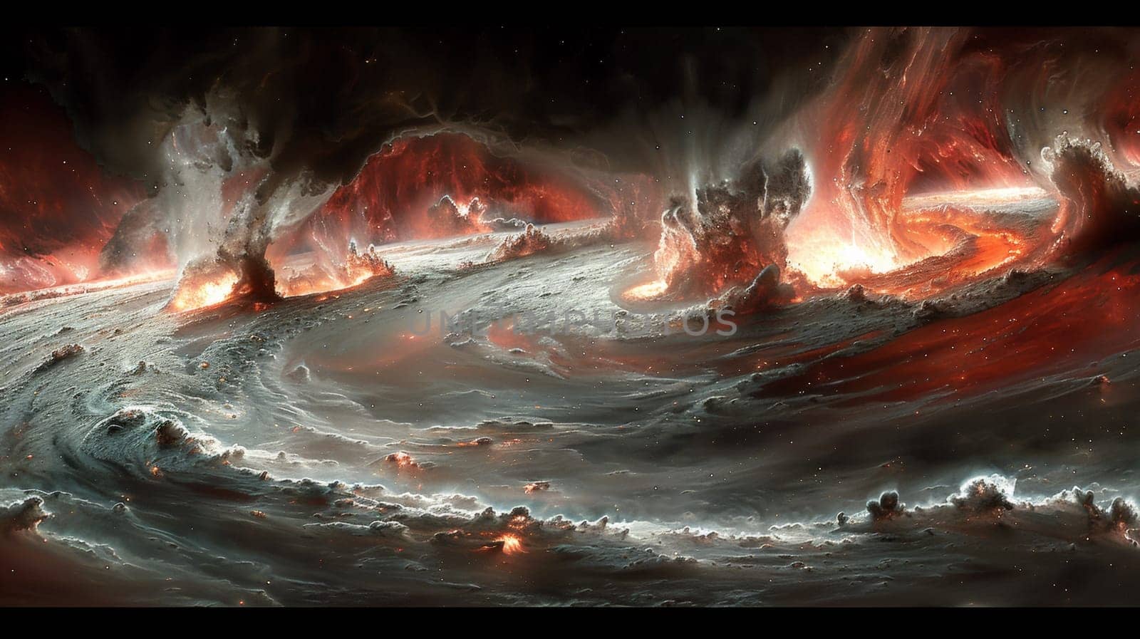 A painting of a swirling vortex with fire and water