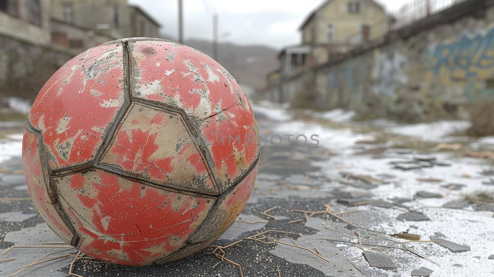 A red and white soccer ball sitting on a street in the snow