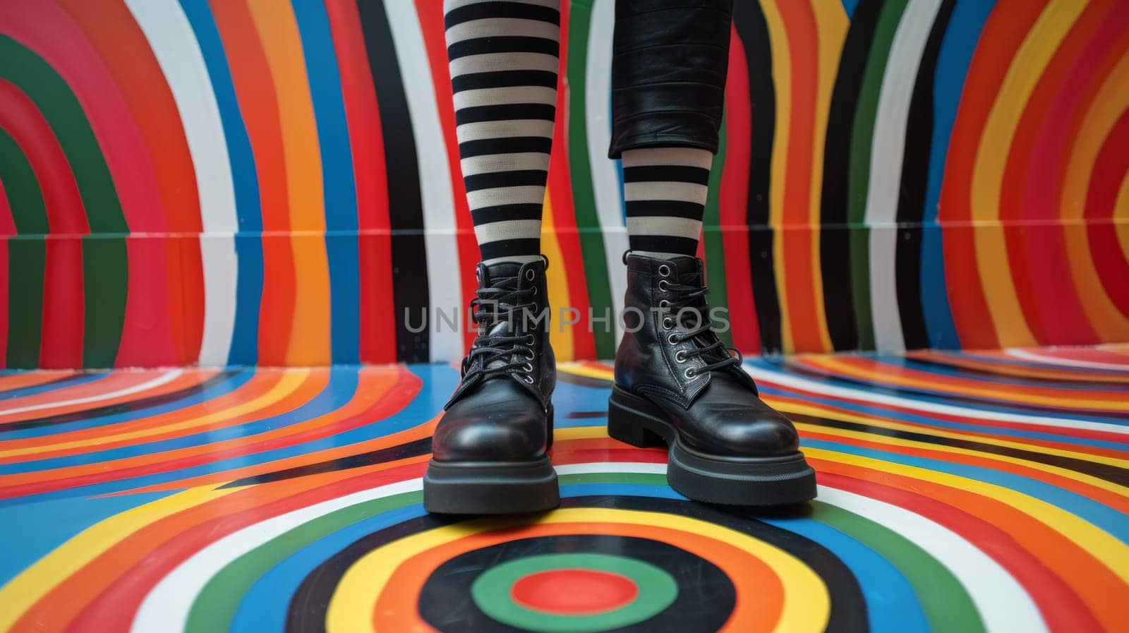 A person wearing black boots and striped socks standing on a colorful floor