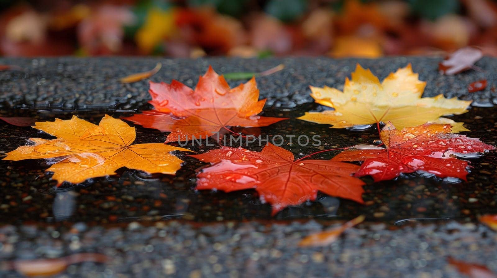 A group of leaves are sitting on the ground with water