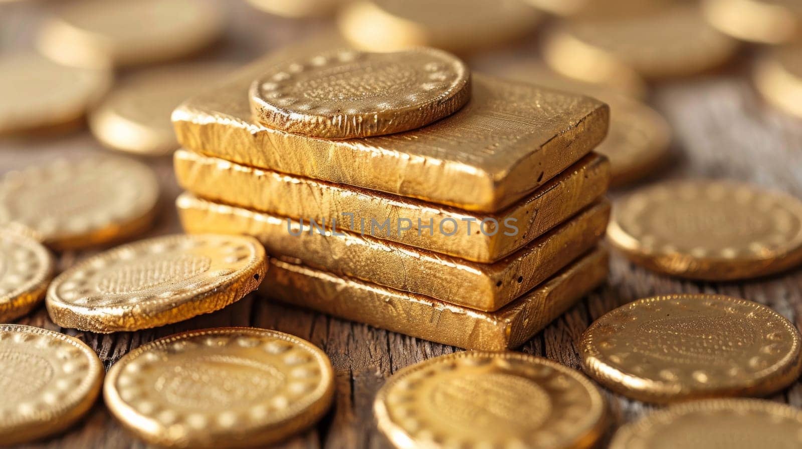 A stack of gold bars sitting on top of a wooden table