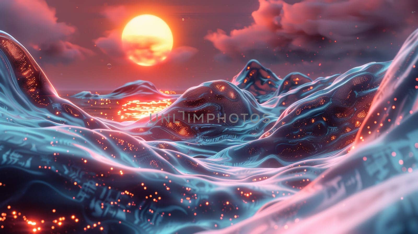 A painting of a sunset over the ocean with mountains in it, AI by starush