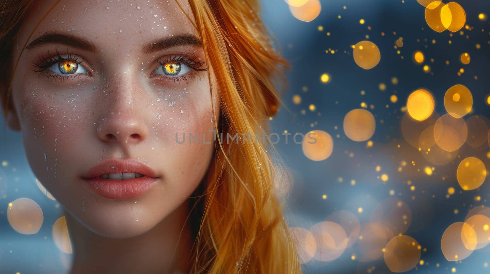 A close up of a woman with red hair and glittering lights