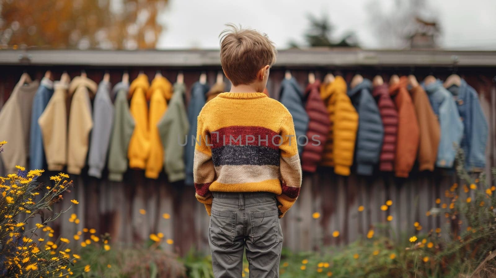 A young boy standing in front of a row of clothes, AI by starush