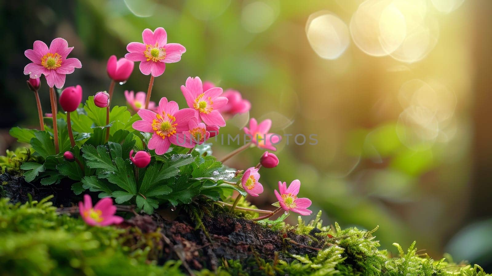 A bunch of pink flowers are growing on a moss covered rock