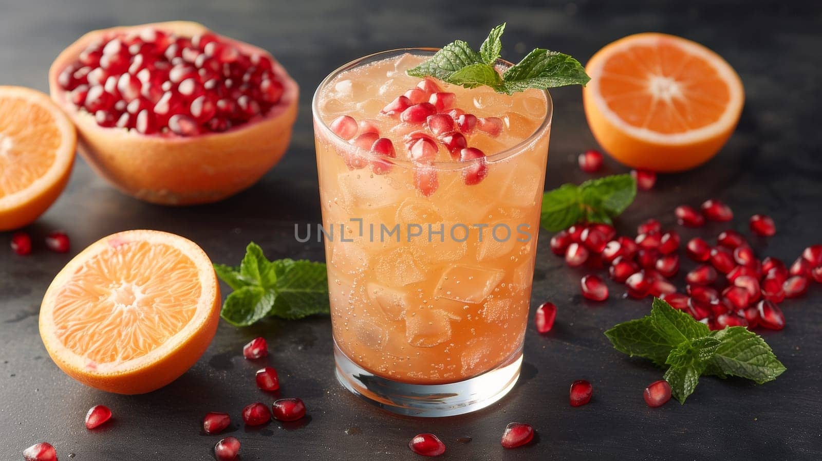 A glass of orange juice with a slice and some pomegranate