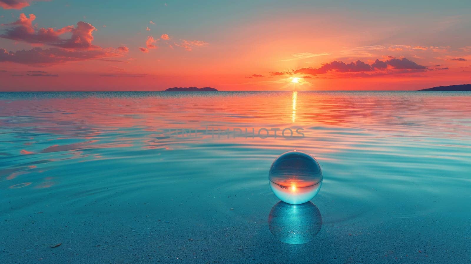 A glass ball floating in the water at sunset